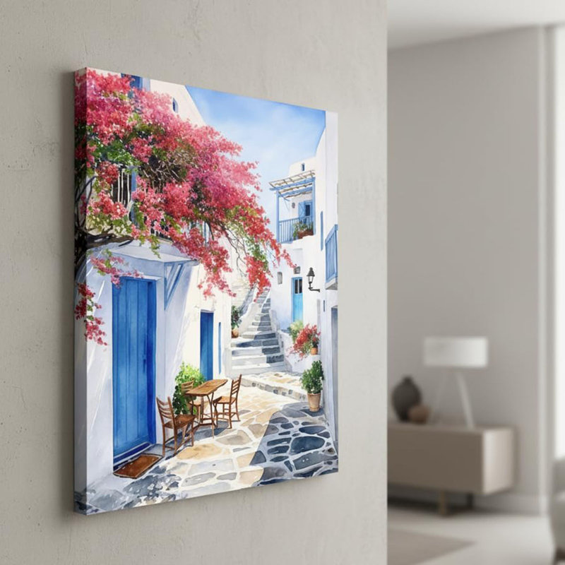 Mediterranean Wall Art Prints - Watercolor Coastal Landscapes of Santorini Greece, Amalfi Coast, Positano & Venice Italy - Aesthetic Summer Travel Decor Posters for Living Room & Bedroom (Greek Village, 12x16, Wrapped Canvas)