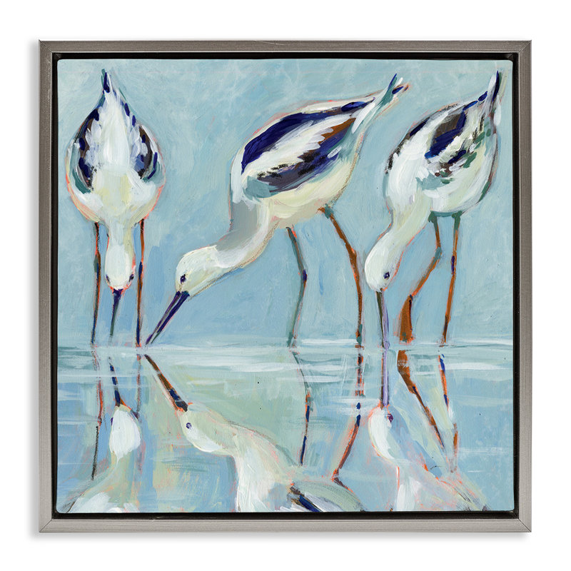 Cadre flottant Stilt Birds Water Reflections, design par Susan Winget, H 18 po x l 18 po, Cadre flottant gris lustré