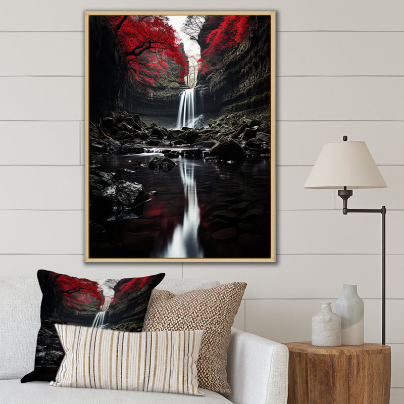 «Grey and Red Waterfall Of Eternity II», art mural sur toile, H 32 po x l 16 po x P 1 po, Cadre flottant érable