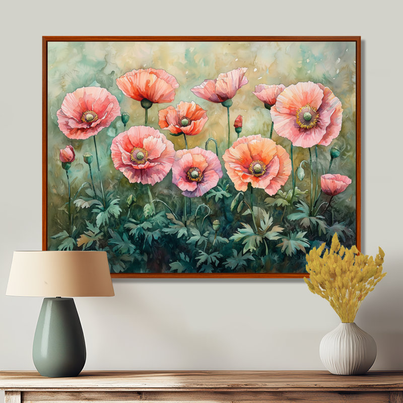 Printemps, coquelicots roses, horizon écarlate I - coquelicots, art mural, H 34 po x l 44 po, Cadre flottant brun