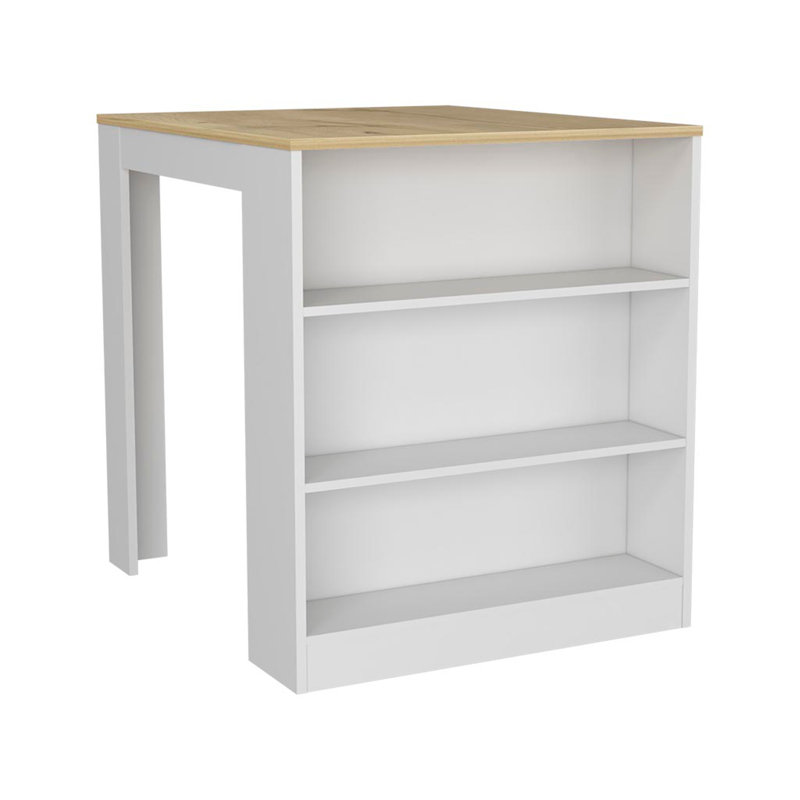 Kitchen Island Table, Two Legs, Three Side Shelves, White