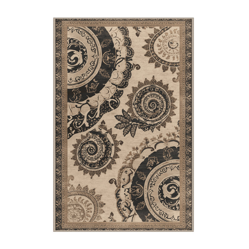 Tapis oriental doux et moelleux à motif oriental Beige de Fibonacci - reliure beige, 3 X 5