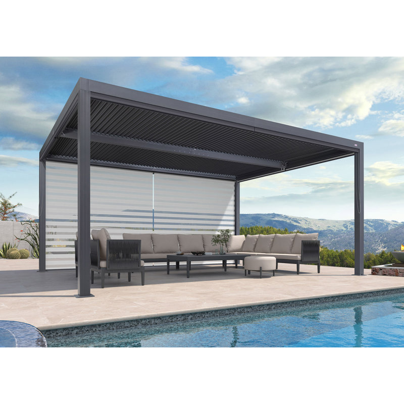 Aluminum Pergola with Roller Shade, 1 Long Side, Gray, 16' x 12'