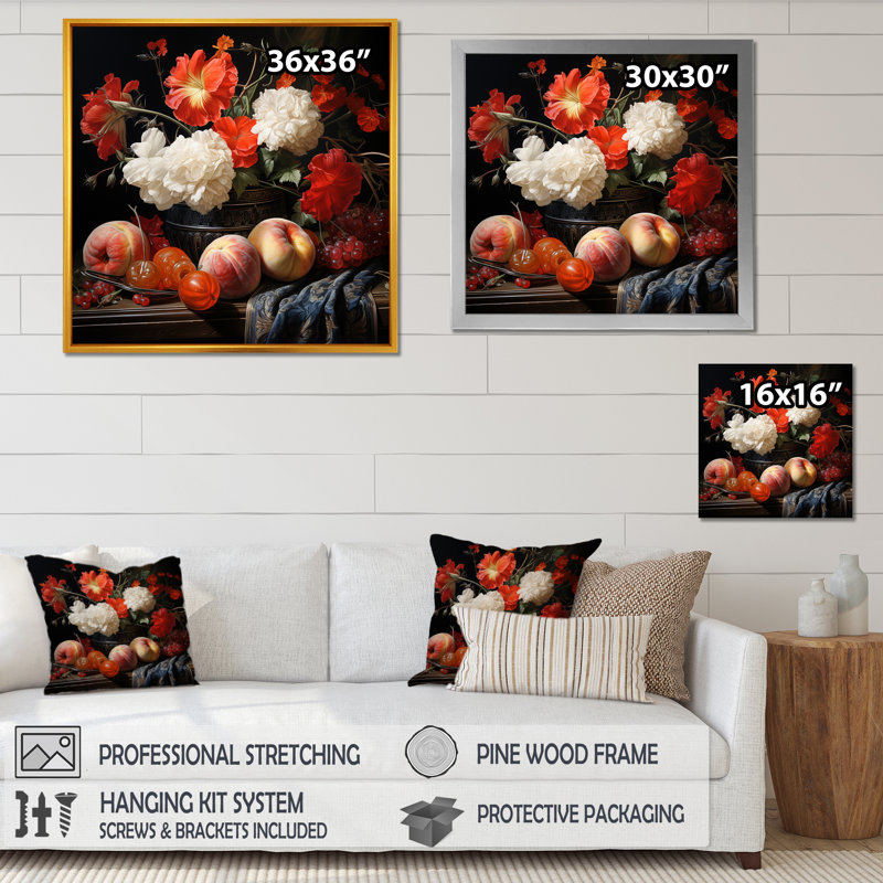 Peinture renaissance d'un fruits et de fleurs - Art mural fruits, H 16 po x l 16 po x P 1 po
