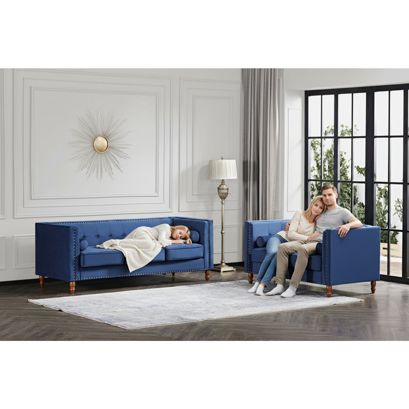 Causeuse en velours capitonné Chesterfield, Polyester bleu, Bleu