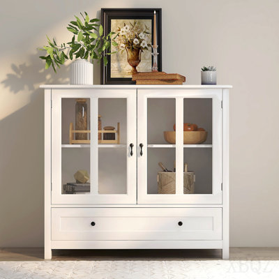 Buffet Storage Cabinet With Double Glass Doors And Unique Bell Handle
