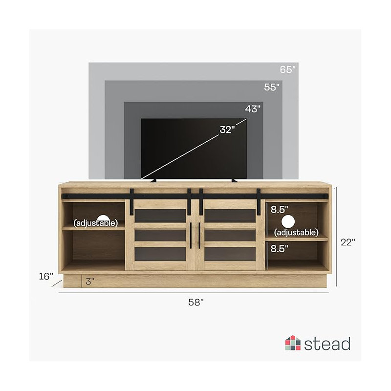 58" Modern Barn Door TV Stand, Oak Wood