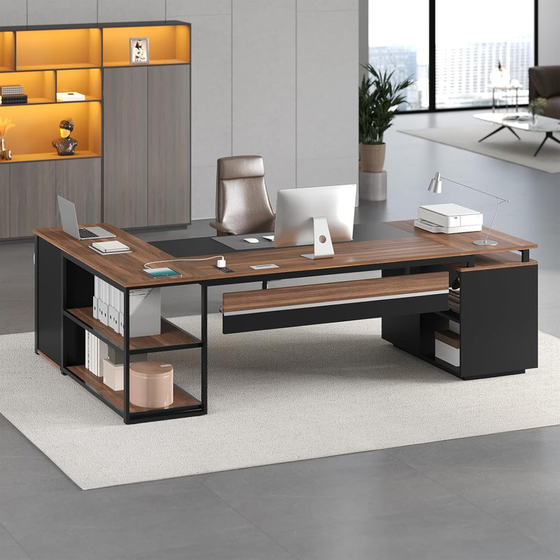 Bureau de direction 71 po avec classeur verrouillable, bureau en L avec prises de courant, bureau d'ordinateur réversible avec écran d'intimité et tiroirs, noyer