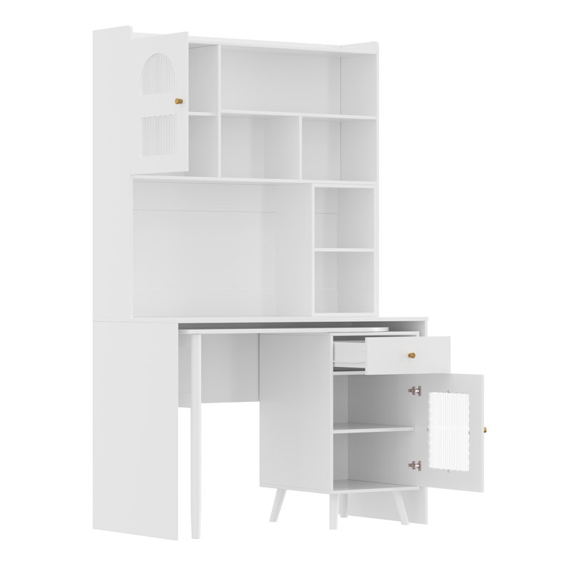 90° Rotating Computer Desk With Storage Drawers & Cabinets, Gaming & Writing Desk For Home Office, White