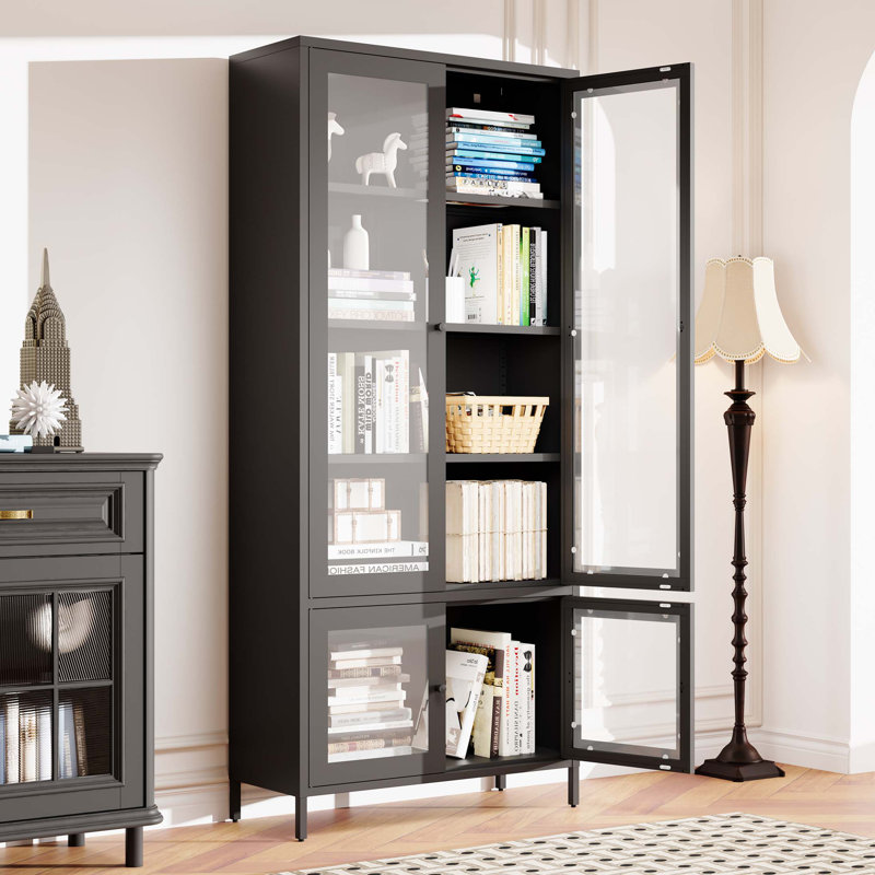 Grande armoire de rangement en métal avec 4 portes vitrées et 5 tablettes latérales