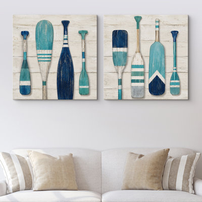 Ensemble de 2 reproductions d'art rupestres et de pagaies en bois bleu côtier avec charmes nautiques neutres