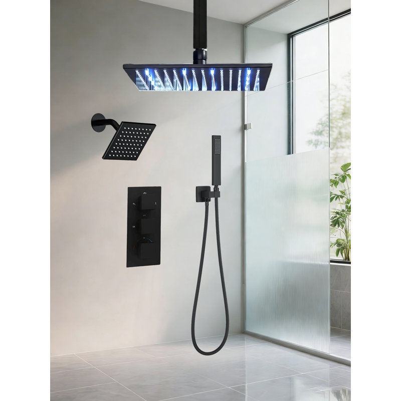 Thermostatic Shower Faucet System, Ceiling Mount High-Pressure Rainfall Dual Shower Head with Rough-In Valve