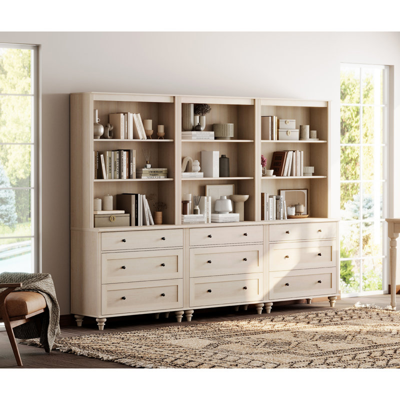 Buffet avec huche de bar, buffet avec tiroirs et tablettes à 3 niveaux, beige clair, 101 po
