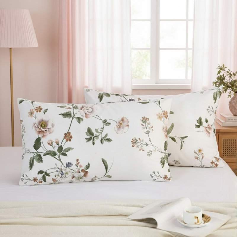 King Size Pillowcases Set of 2, 100% Cotton Pillow Cases, Garden Floral Print, Soft Breathable Envelope Closure Pillow Covers(King, 20"x36")