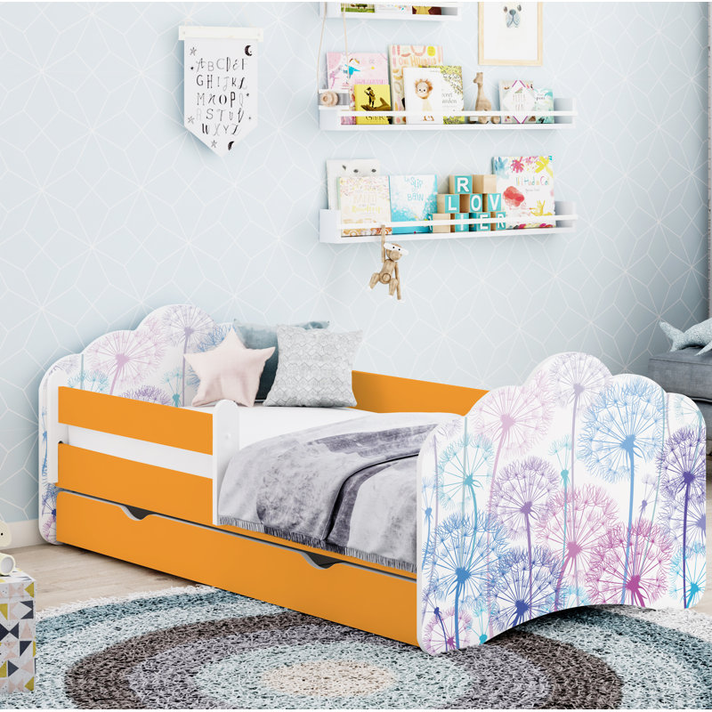 Racine European Toddler Bed Frame with Drawers, Orange, 56.5 x 70 x 140cm