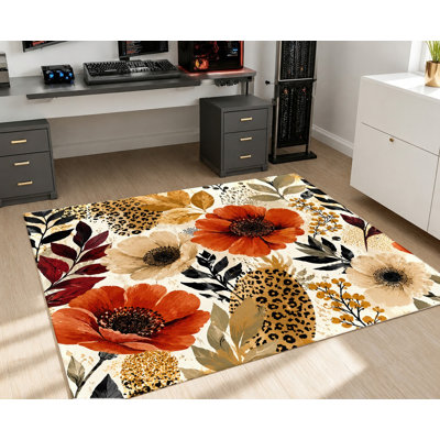 Grand tapis floral, motif rouge vif orange et beige avec accents léopard, style rétro artistique, tapis antidérapant, décoration intérieure lavable à la machine pour le salon, la chambre à coucher, la cuisine, le vestibule, le balcon, appartement