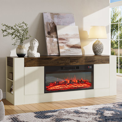 Meuble télé moderne en bois massif de 70 pouces avec foyer électrique de 36 pouces, compatible avec les téléviseurs jusqu'à 80 pouces, console multimédia avec placards et tiroirs, blanc et brun