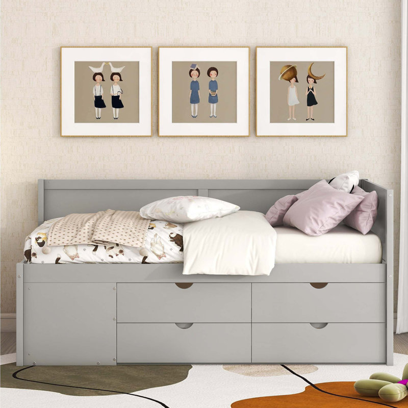 Lit de jour avec tiroirs et tablettes, Gris, Lit simple