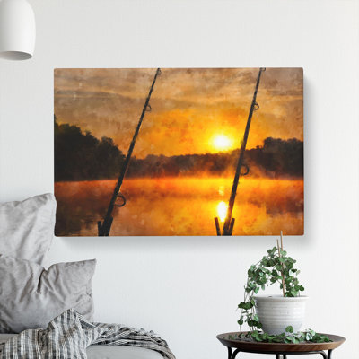 Fishing Rods And Lake - Wrapped Canvas