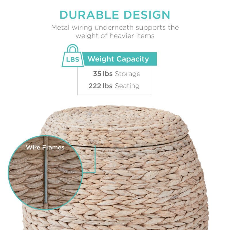 Round Beige Hyacinth Storage Basket with Metal Handles and Lid
