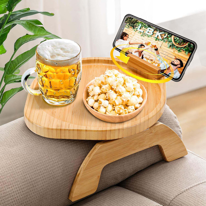 Couch Armrest Table, Bamboo Clip On Couch Arm Table With 360°Phone Holder,Foldable Sofa Arm Tray For Eating And Drinking, TV Tray