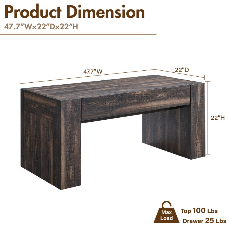 48" Modern Farmhouse Coffee Table With Hidden Storage Drawer,wood Thick Design For Living Room, Dark Rustic Oak