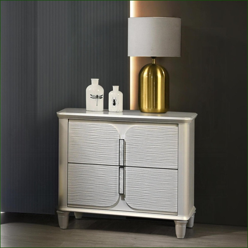 Pearl White Luxury Glam 2-Drawer Wooden Nightstand for Bedroom