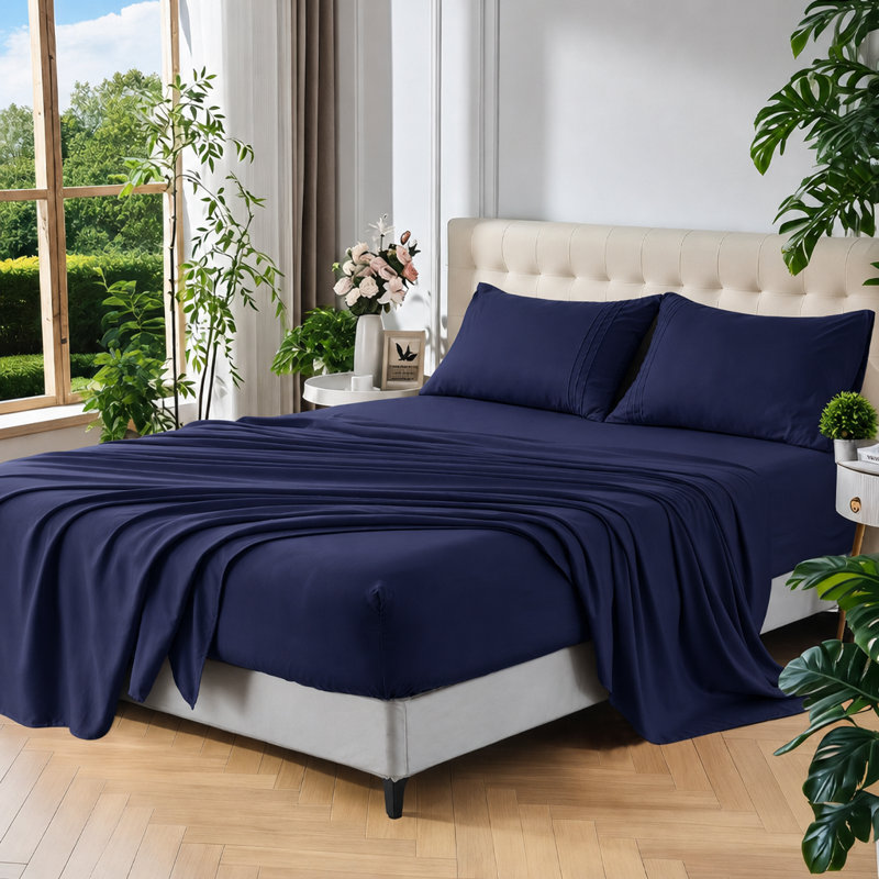 Full Sheet Set - 4-Piece Ultra-Soft Bedding, Comfy Breathable & Cooling Sheets, 16-Inch Deep Pocket, Brushed Microfiber, Navy Blue