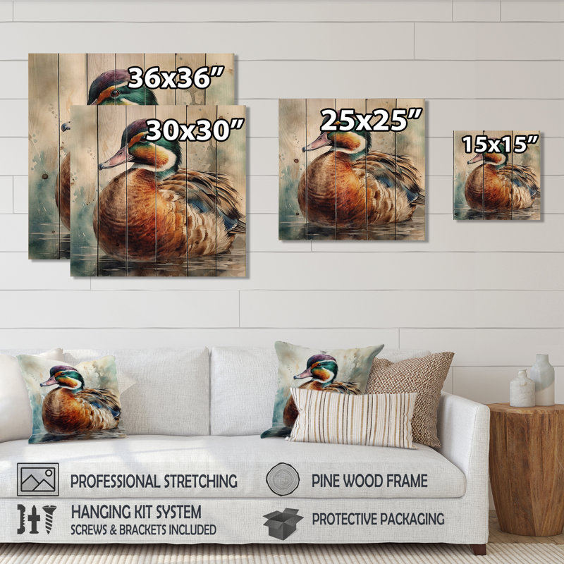 Magnifique impression d'un canard mâle sur bois naturel, H 15 po x l 15 po x P 0,78 po
