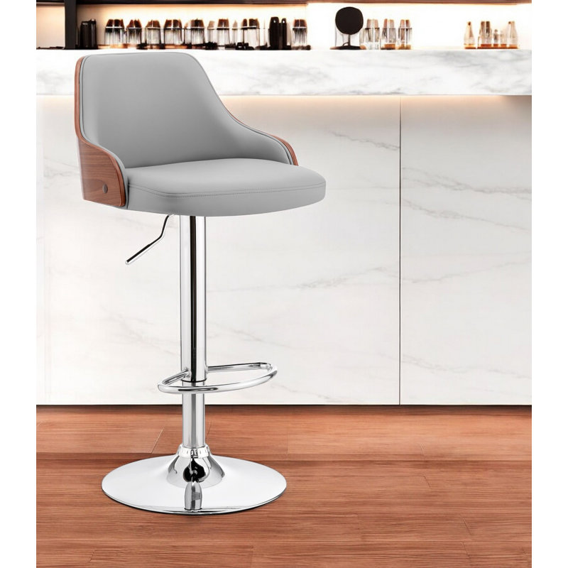 Aurick Faux Leather And Iron Adjustable Height Swivel Bar Chair, Gray 1, Chrome, Walnut