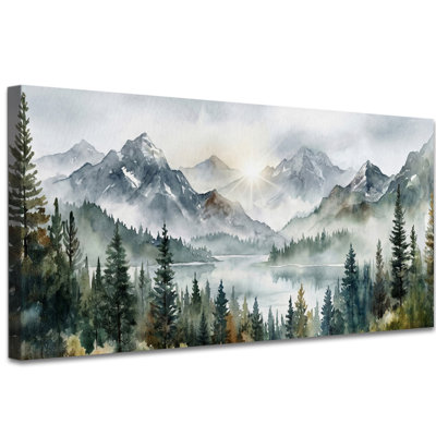 Art mural sur toile montagne forêt pour le salon, toile de paysage panoramique lac brumeux, décoration murale nature pin enneigé pour bureau de chambre à coucher, 1,5 po d'épaisseur imperméable, 16 po x 32 po