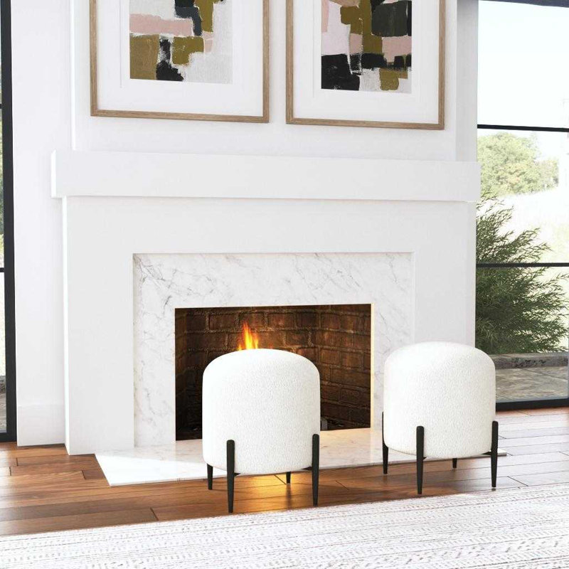 White Faux Shearling Round Ottoman with Black Metal Legs