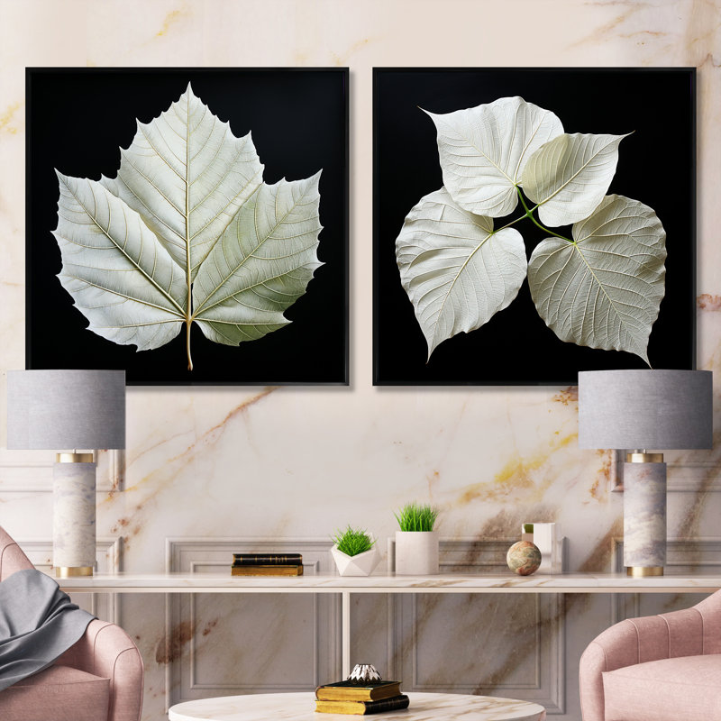 Ensemble de 2 feuilles noires et blanches en feuilles sur un plateau de collage carré, Cadre flottant noir, H 16 po x l 33 po