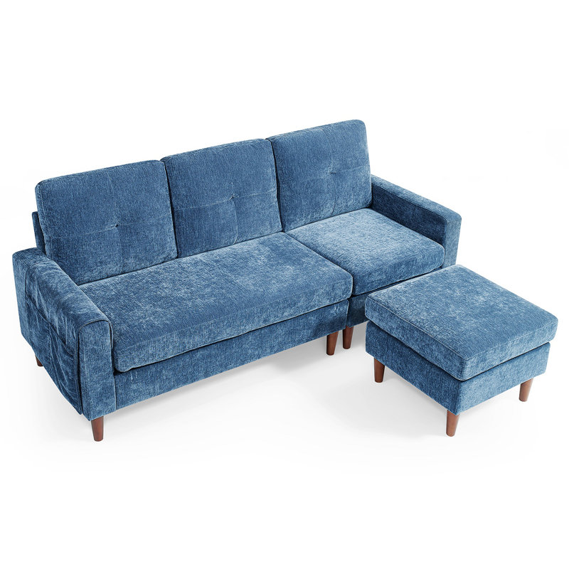 Canapé-lit modulaire convertible à 3 places en L avec coussins et pochettes amovibles, Chenille bleu marine
