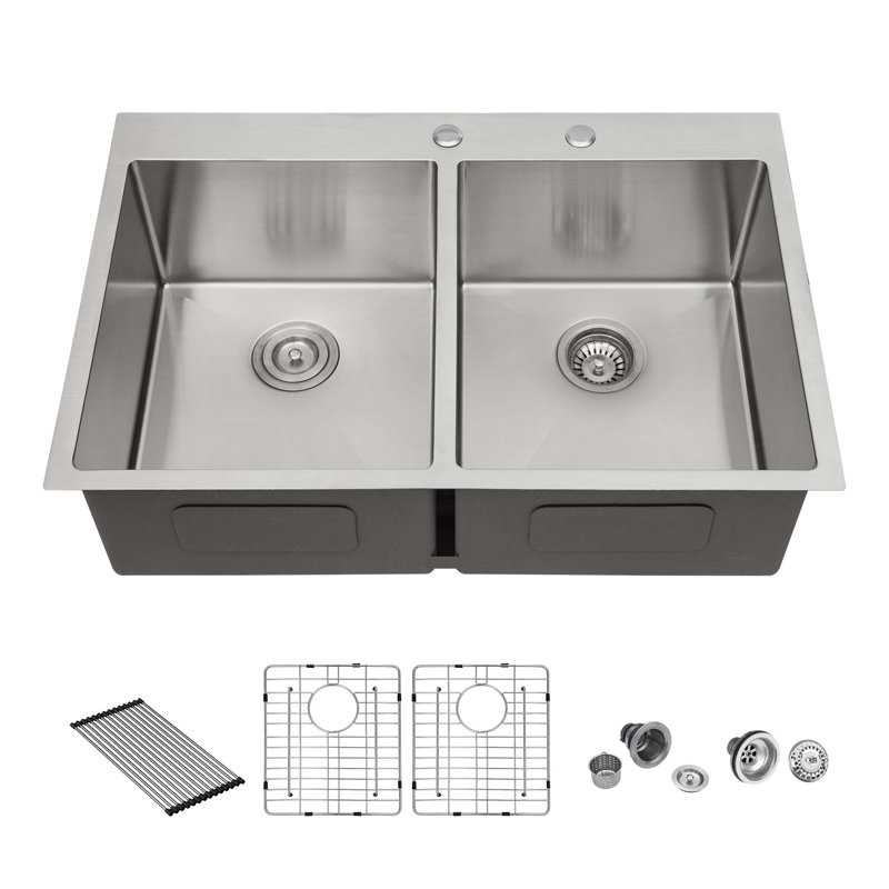 Évier de cuisine à double cuve (50/50) à double cuve - 33 po x 22 po x 10 po en acier inoxydable de calibre 16 avec deux cuves profondes de 10 po