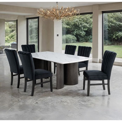 Sudbury 7pc White Faux Marble Dining Set With Black Uplostered Chairs