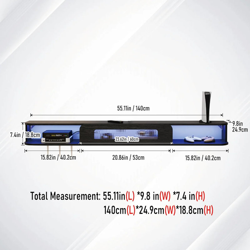 Floating Tv Stand With Led Lights, Wall Mount Tv Cabinet, 7.4"H x 55"L x 9.8"W