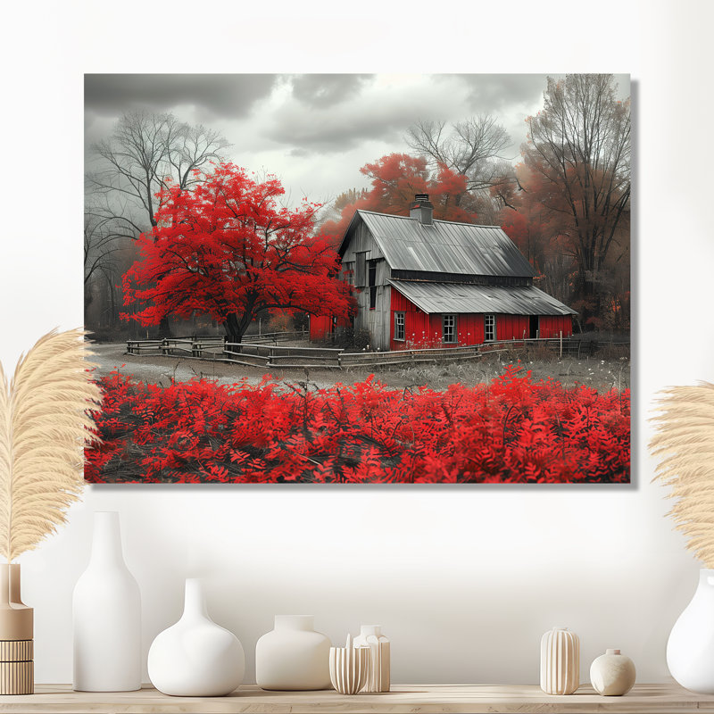 Rouge et gris Autumn Barn Refuge II - Art mural de grange, Black Picture Framed, H 12 po x l 20 po