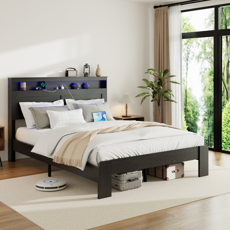 Cadre de lit, cadre de lit plateforme, silencieux, aucun sommier nécessaire, grand rangement sous le lit, Noir