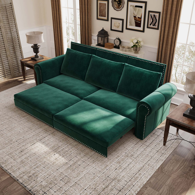 Canapé Chesterfield, canapé-lit gigogne de 93,7 po, canapé-lit convertible 3 en 1 avec garniture cloutée et accoudoirs roulés, canapé-lit multifonctionnel pour salon, chambre à coucher, appartement, bureau