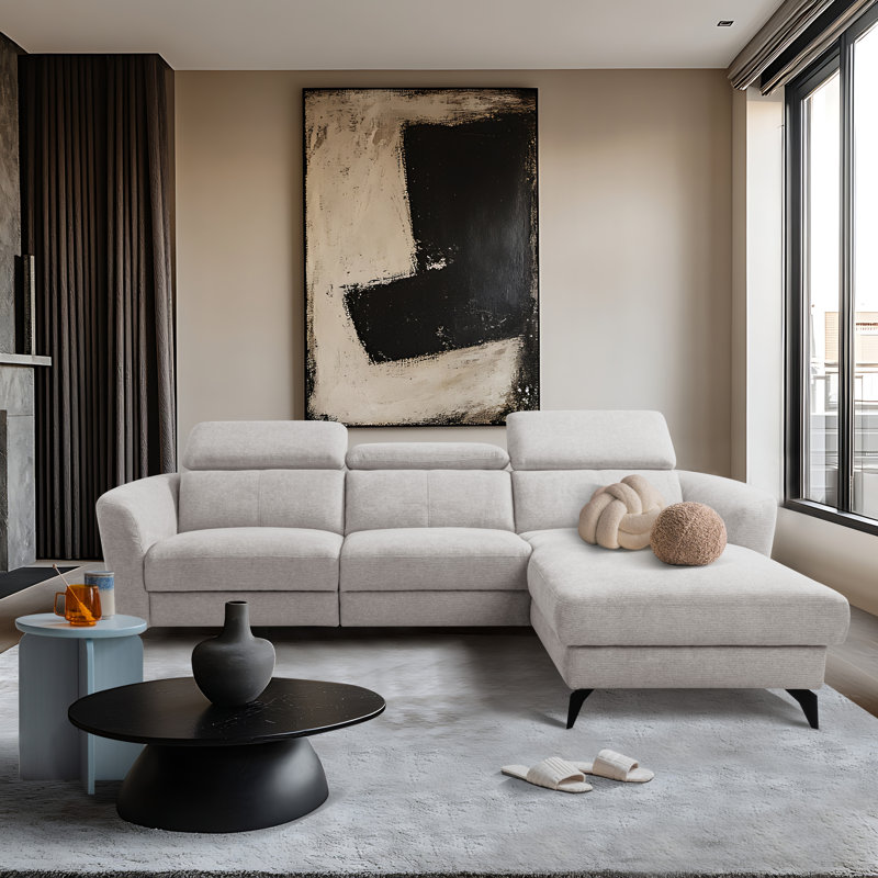 Brighton Power Reclining Corner Sofa with Adjustable Headrests in Chenille Fabric, Beige, Right Hand Facing