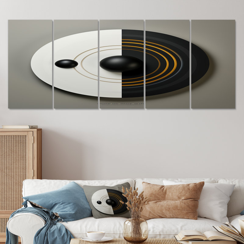 Minimal Glam Zen noir blanc doré - ensemble de 5 pièces d'art mural géométrique, H 32 po x l 80 po