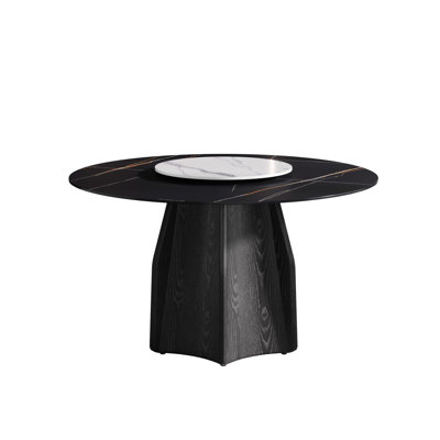 Modern 53" Round Dining Table, Sintered Stone & Black Base, 6, 23.62" Rotating Disk, Stylish Practical Top Hygienic Safe