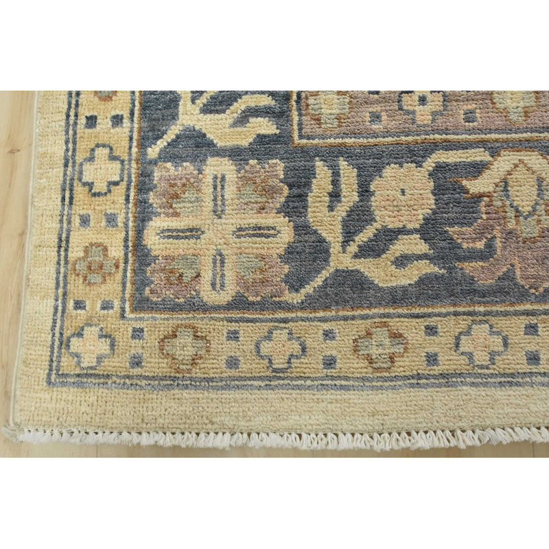 Tapis bleu / beige en laine noué à la main de conception unique 10 pi 2 po x 14 pi 3 po