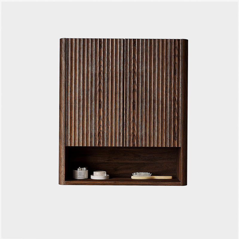 Armoire de salle de bain murale rayée Zula de 26 po avec portes, tablette et compartiment de rangement ouvert au-dessus de la toilette pour la salle de bain, la cuisine, la salle de lavage et la finition grain de bois noyer foncé