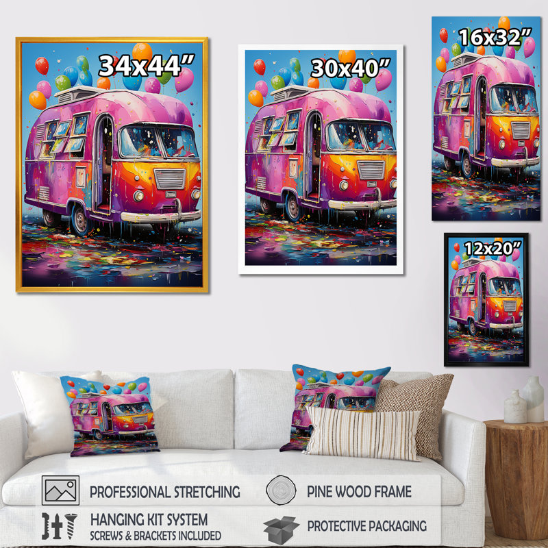 Prairie Party Camping Van - Art mural de voyage en camping, Cadre simple argenté, H 44 po x l 34 po x P 1,5 po