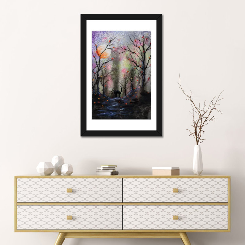 «Black Cat in Forest», impression sur toile, Papier d'art encadré noir, Blanc, H 32 po x l 24 po x P 1 po
