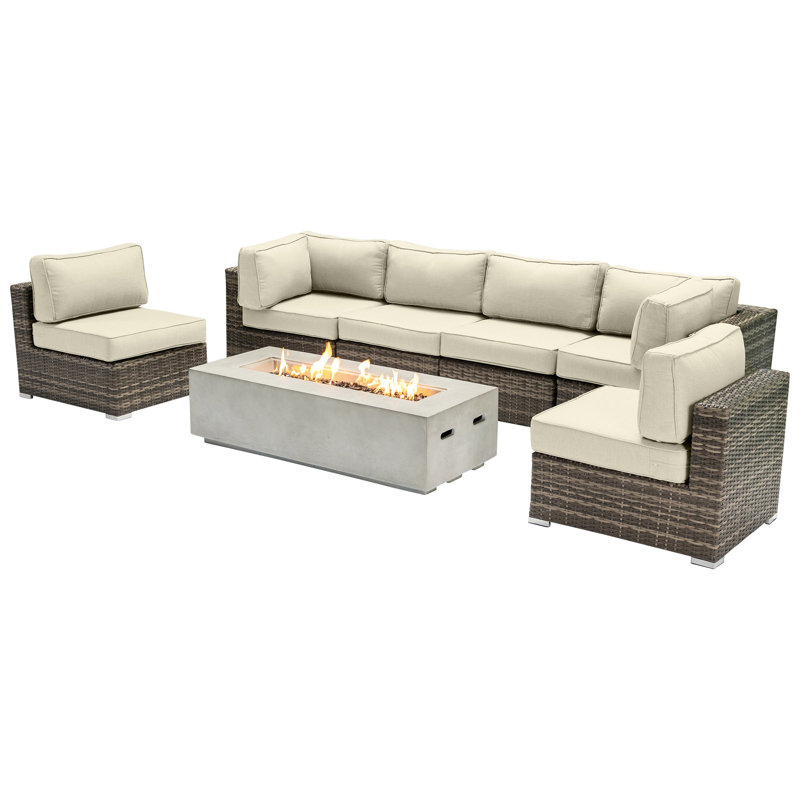 Lsi Fully Assembled 6 Person Seating Group With Firepit And Sunbrella Cushions, Sunbrella Canvas