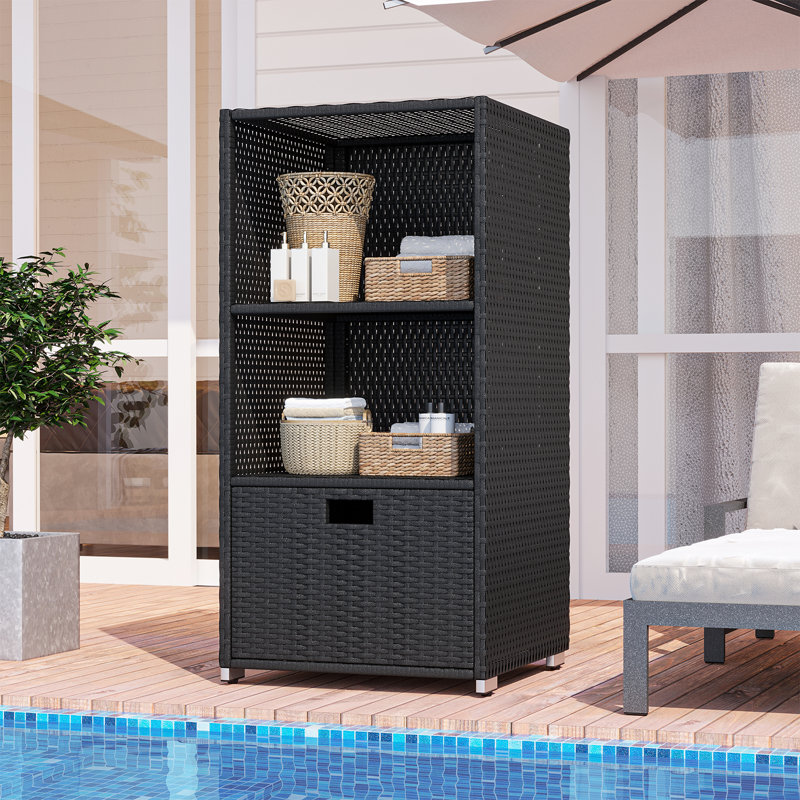 Outdoor Wicker Storage Cabinet with Drawer 3-Tier Poolside Storage Shelf for Garden, Backyard, 80 Gallons