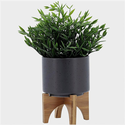 Pot à fleurs 5 po avec support en bois, gris mat